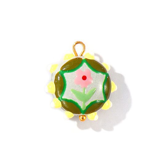Charms Perle Céramique Médaille Cercle Fleur - Email Blanc Vert Jaune Rose