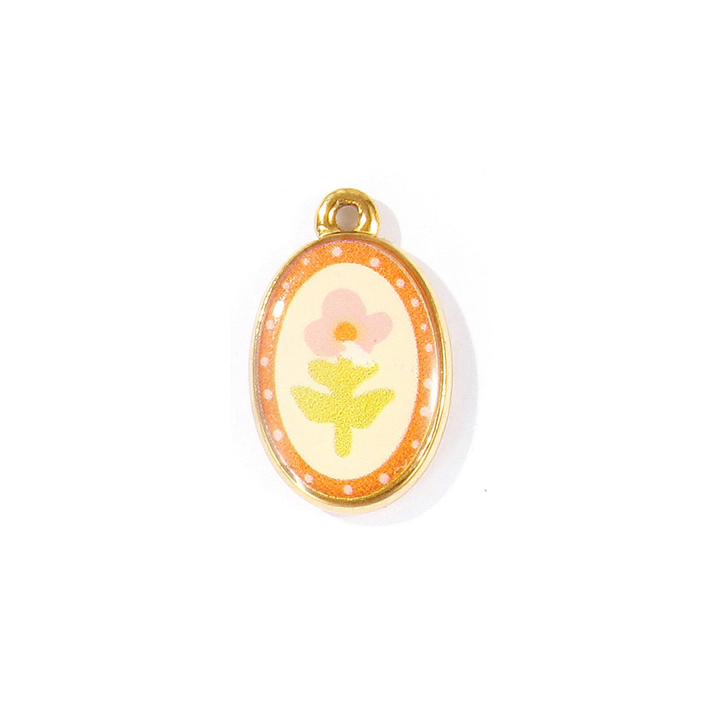 Charms Médaille Ovale Fleur - Email Beige Orange Rose Vert
