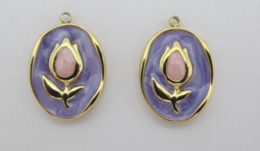 Charms Médaille Tulipe fleur émail violet & rose
