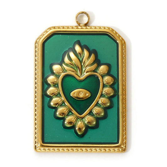 Charms Médaille Rectangle Coeur Ex Voto - Email Turquoise Vert