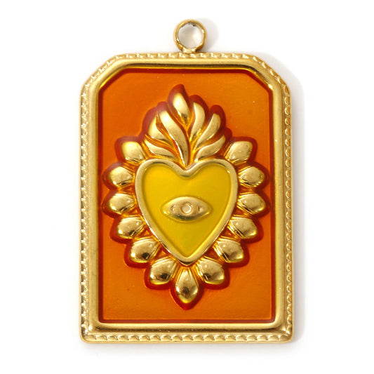 Charms Médaille Rectangle Coeur Ex Voto - Email Orange Jaune