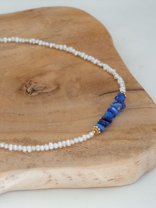 Ras de cou Evan - Coquillages bleus et Perles d'eau douce
