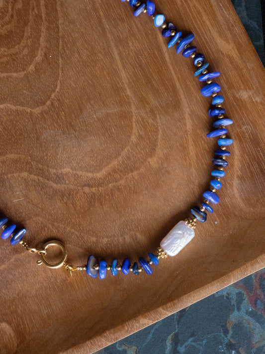 Collier Owen - Coquillages bleus et Perles d'eau douce