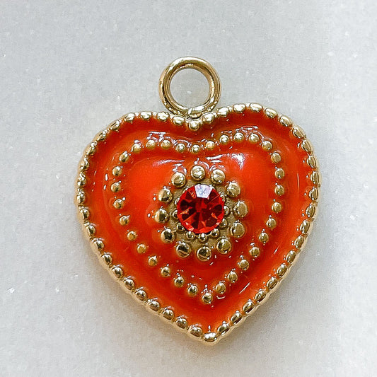 Charms coeur émail orange & strass