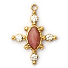 Charms Croix Pierre rose (Rhodochrosite) et Strass